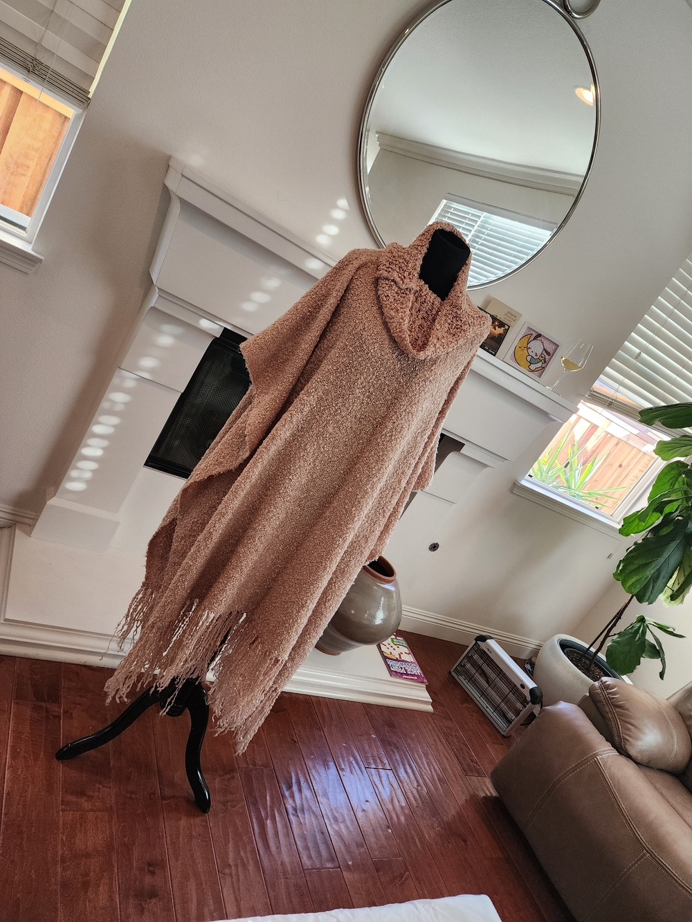 Cozy Bouclé Fringed Poncho Sweater - Taupe